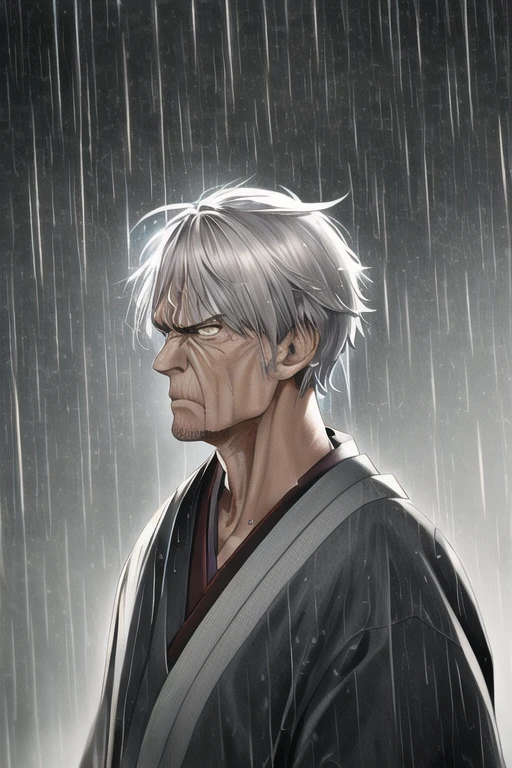 [NovelAI] anciano enojado kimono lluvia cabello corto [Ilustración]