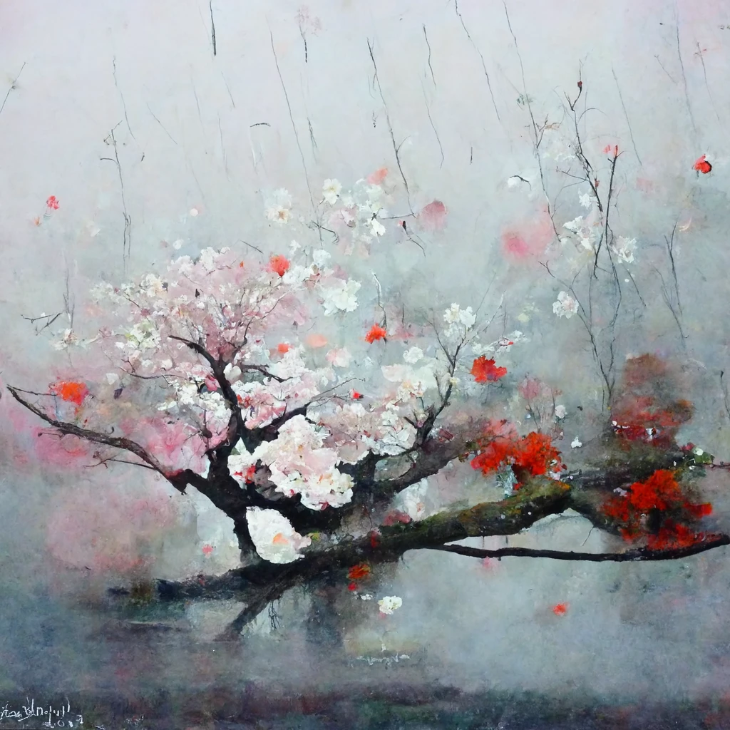[Midjourney] lluvia pintura al óleo Flor de cerezo japonés abstracte [Realista]