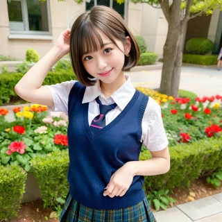 [Stable Diffusion] поле с цветами каре танец школьная форма красивая женщина [Реалистичный]