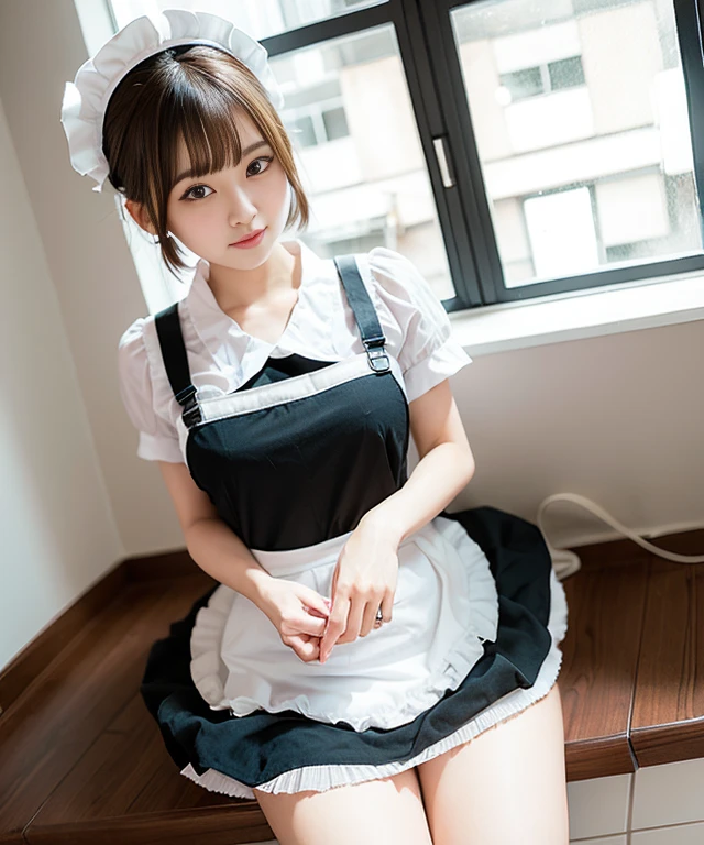 [Stable Diffusion] 抬頭 女僕圍裙 女僕裝 短髮 美少女 [寫實]