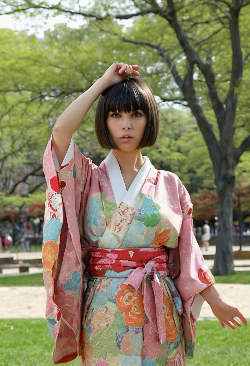 Hispano parque poner las manos detrás de la cabeza kimono flequillo [Realista]