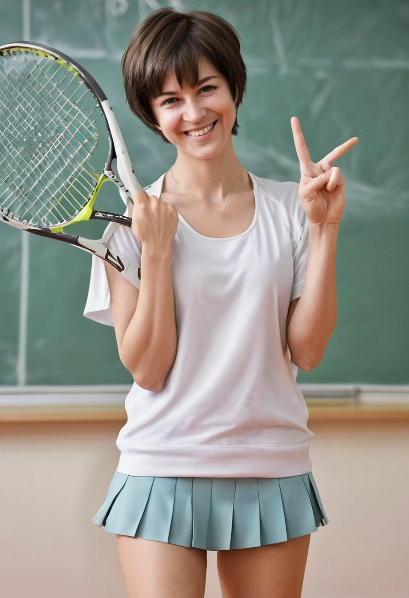 ropa de tenis ojos caídos aula paz cabello muy corto [Realista]