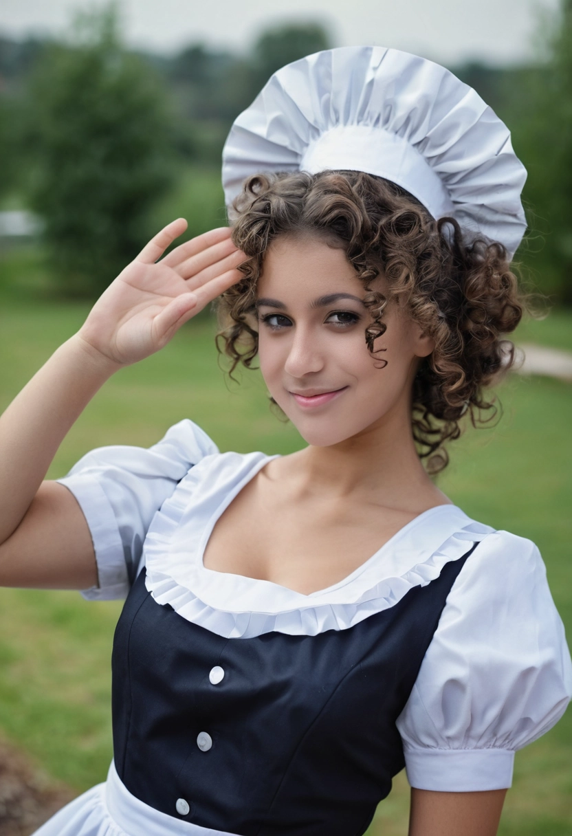 saludo al aire libre cabello rizado DSLR traje de sirvienta [Realista]