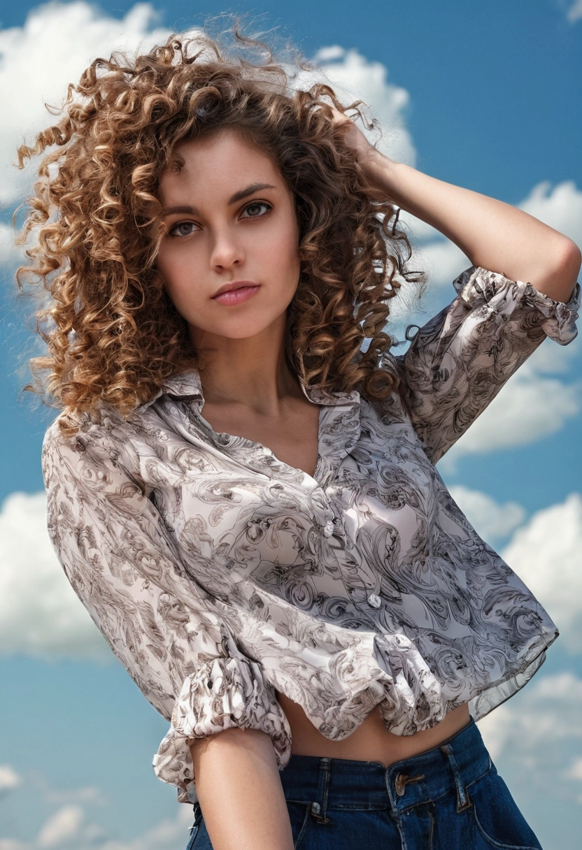 Blusa cabello rizado Muy detallado cielo alguna pose [Realista]