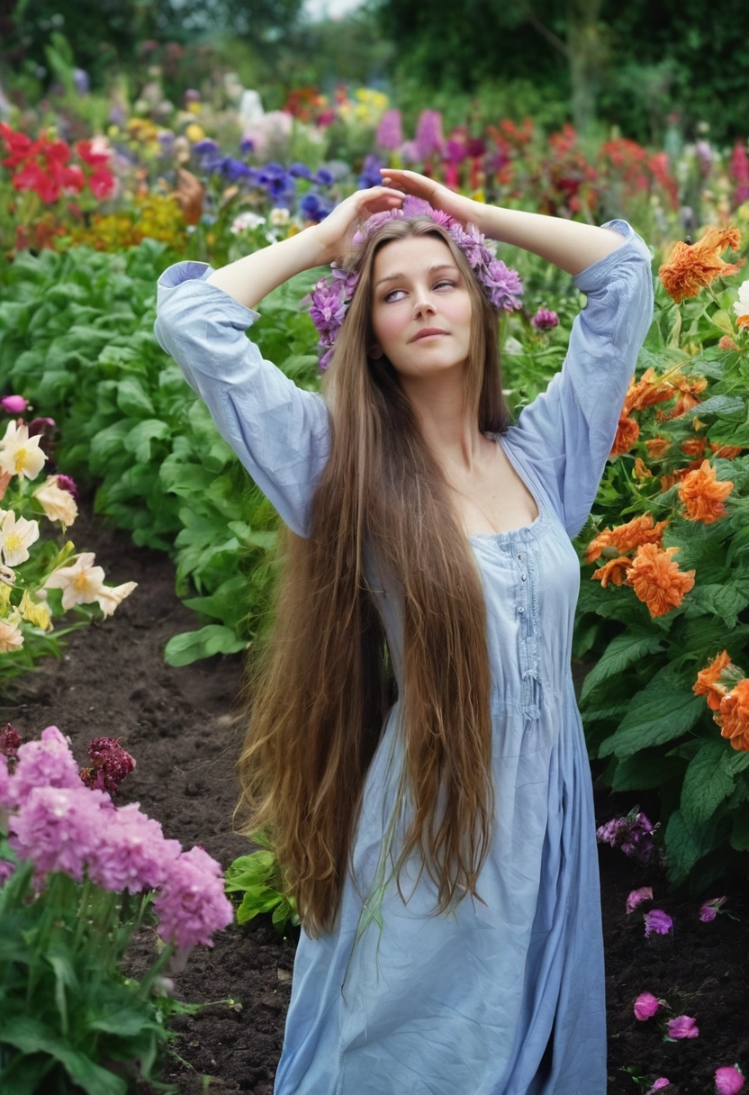 Mago poner las manos detrás de la cabeza campo de flores DSLR cuerpo completo [Realista]