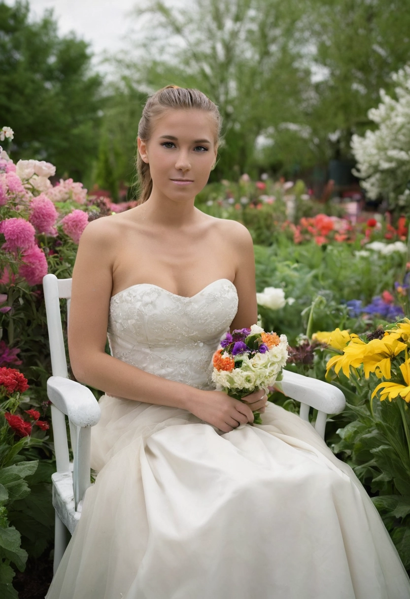 cola de caballo sentado en una silla campo de flores vestido de novia DSLR [Realista]