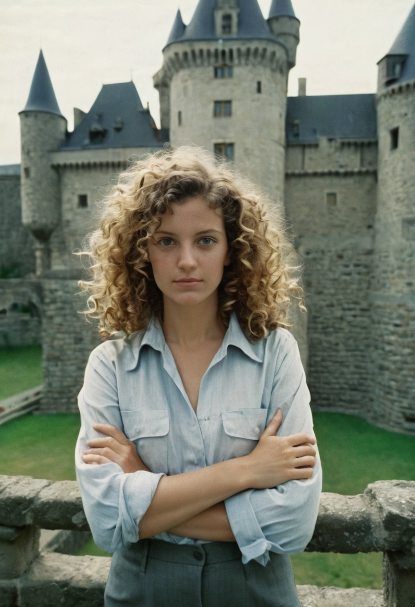 ropa de trabajo castillo cruzar los brazos cabello rizado Foto de película analógica [Realista]