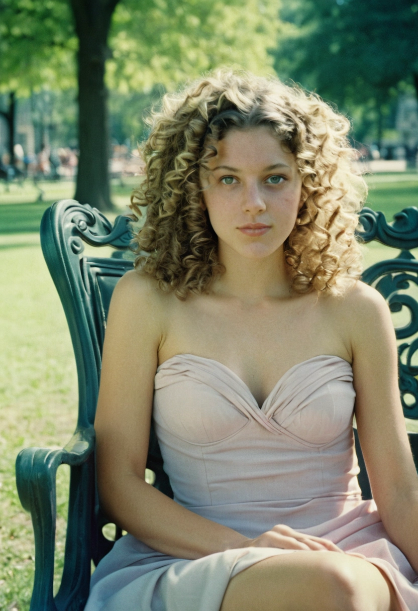 Princesa sentado en una silla parque cabello rizado Foto de película analógica [Realista]