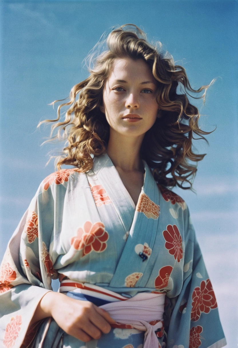 kimono Foto de película analógica de pie cielo cabello ondulado [Realista]