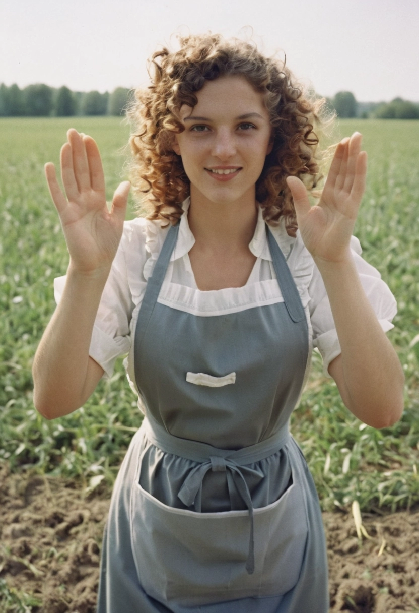 manos arriba delantal de sirvienta cabello rizado Foto de película analógica Campo [Realista]