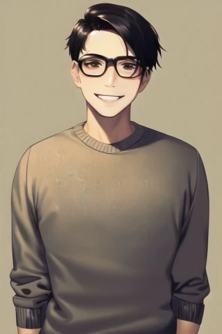 short hair, glasses, laugh, thin, tall, Masterpiece, man, sweater