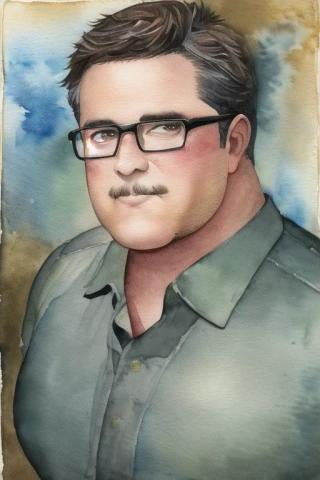 glasses, watercolor painting, Masterpiece, looking up, middle-aged man
