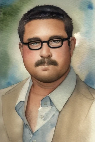 glasses, watercolor painting, Masterpiece, looking up, middle-aged man
