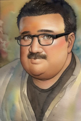 glasses, watercolor painting, Masterpiece, looking up, middle-aged man