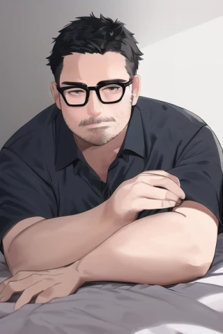 lie down, very short hair, short hair, glasses, Masterpiece, middle-aged man, Lying down, work clothes