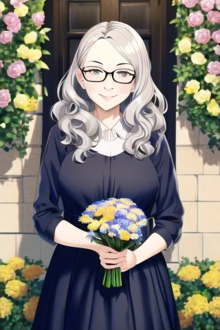 ウェーブヘア, 眼鏡, 花, 老人（女）, ドレス
