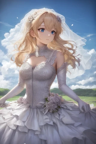 medium hair, woman, sky, Masterpiece, wedding dress, dress