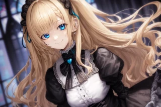 semi-long hair, long hair, wavy hair, woman, laugh, Masterpiece, gothic Lolita