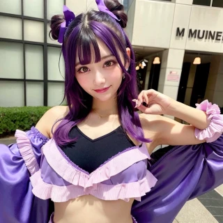 ミディアムヘア, ぱっつん, 何かしらのポーズ, 女性, 笑う, 下から, 美少女, アイドル衣装