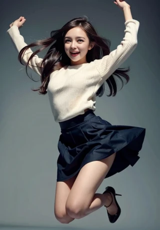 ジャンプ, 女性, 笑う, スカート