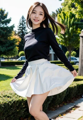 ジャンプ, 女性, 笑う, スカート