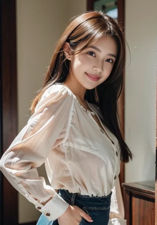 何かしらのポーズ, 女性, 笑う, ブラウス