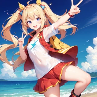 ピース, セミロングヘア, ロングヘア, ウェーブヘア, 笑う, 美少女