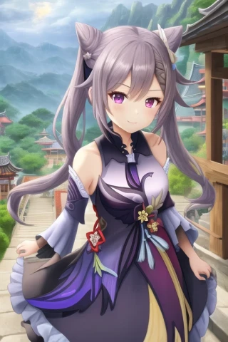 cielo, mirando al espectador, Parte superior del cuerpo, Genshin Impact - Keqing, de pie