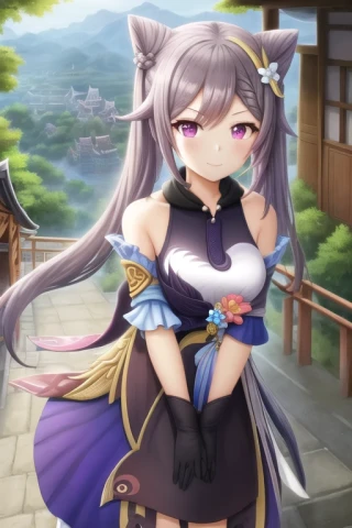 cielo, mirando al espectador, Parte superior del cuerpo, Genshin Impact - Keqing, de pie