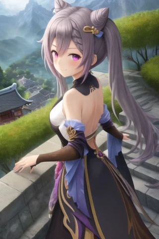 cielo, mirando al espectador, Parte superior del cuerpo, Genshin Impact - Keqing, de pie