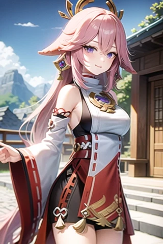 cielo, mirando al espectador, Parte superior del cuerpo, Genshin Impact - Yae Miko, de pie