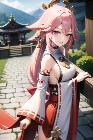 cielo, mirando al espectador, Parte superior del cuerpo, Genshin Impact - Yae Miko, de pie