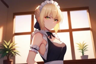 Fate Saber, Fate Saber Alter, indoors, sunlight, Looking at Viewer, maid outfit