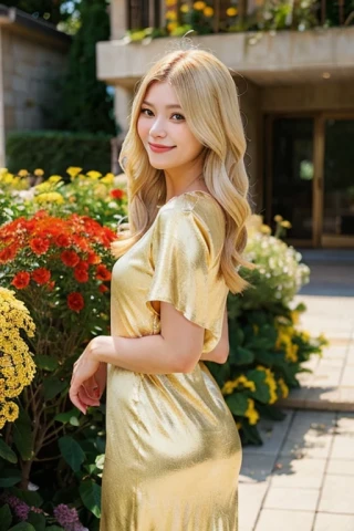 高画質, 何かしらのポーズ, 笑う, 美女, 傑作, 花畑, ドレス, ワンピース