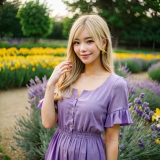 高画質, 何かしらのポーズ, 笑う, 屋外, 美女, 傑作, 花畑, ドレス, 野原, ワンピース