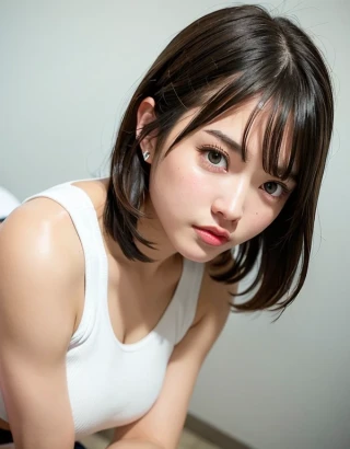 [Stable Diffusion] тесная одежда, густые брови, майка, острые глаза, средние волосы [Реалистичный]