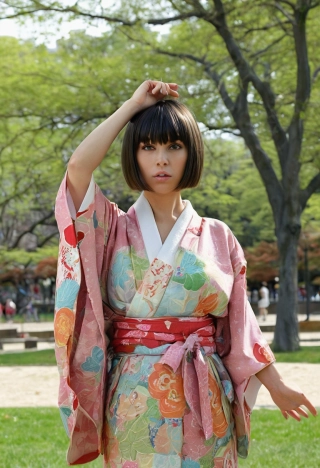 alta calidad, flequillo, mujer, Hispano, Obra maestra, mirando al espectador, guay, genial, cuerpo completo, Muy detallado, kimono, parque, poner las manos detrás de la cabeza