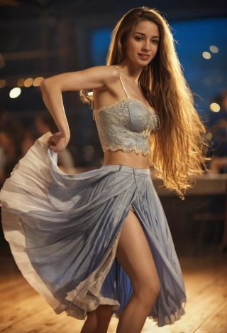cabello largo, alta calidad, baile, mujer hermosa, Falda, Obra maestra, mirando al espectador, Muy detallado, tarde, Parte superior del cuerpo