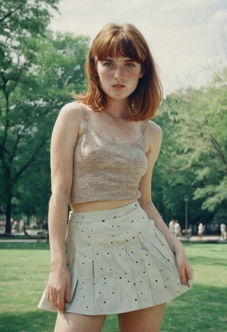 cabello mediano, alta calidad, alguna pose, mujer hermosa, Falda, Foto de película analógica, Minifalda, Obra maestra, mirando al espectador, cuerpo completo, Bajar la mirada, parque, pecas