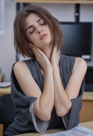 cruzar los brazos, cabello mediano, alta calidad, mujer, DSLR, Eslavo, Obra maestra, mirando al espectador, ojos caídos, Parte superior del cuerpo, ojos cerrados, Oficina, Mago
