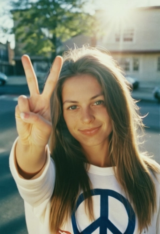 paz, cabello liso, mujer hermosa, Foto de película analógica, luz del sol, mirando al espectador, Parte superior del cuerpo, camiseta deportiva