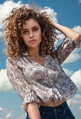 cabello rizado, alguna pose, mujer hermosa, cielo, Blusa, mirando al espectador, Muy detallado, Parte superior del cuerpo