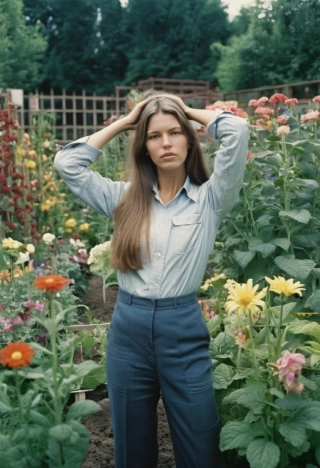 cabello largo, mujer hermosa, Foto de película analógica, mirando al espectador, cuerpo completo, campo de flores, poner las manos detrás de la cabeza, ropa de trabajo
