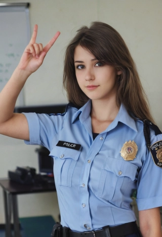 saludo, cabello semilargo, cabello largo, DSLR, mujer hermosa, mirando al espectador, uniforme de policía, Parte superior del cuerpo, aula