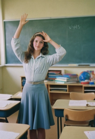 saludo, cabello mediano, mujer hermosa, Foto de película analógica, mirando al espectador, cuerpo completo, aula, Princesa