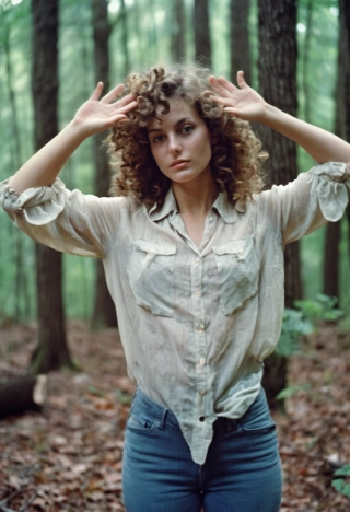 saludo, cabello rizado, mujer hermosa, Foto de película analógica, Blusa, mirando al espectador, cuerpo completo, bosque