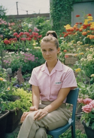 cola de caballo, mujer, Foto de película analógica, mirando al espectador, Parte superior del cuerpo, campo de flores, sentado en una silla, ropa de trabajo