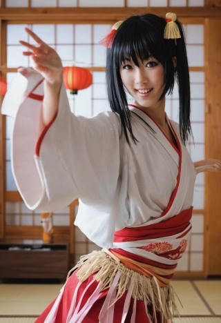 flequillo, baile, interior, japonés, DSLR, mujer hermosa, mirando al espectador, Parte superior del cuerpo, doncella del santuario