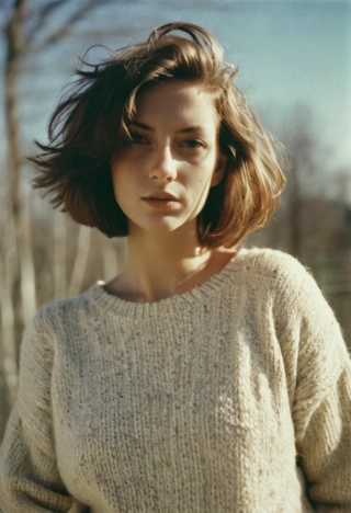 cabello tipo bob, alguna pose, mujer hermosa, Foto de película analógica, luz del sol, mirando al espectador, Parte superior del cuerpo, suéter