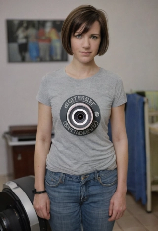 cabello corto, mujer, interior, DSLR, mirando al espectador, cuerpo completo, de pie, camiseta